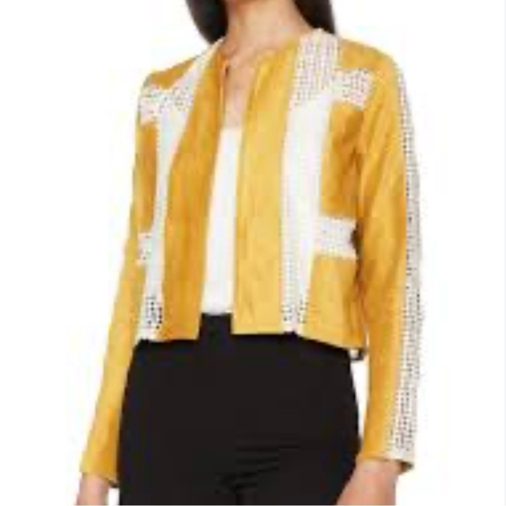 Goldie faux suede mustard yellow open front crochet paneling size M biker jacket